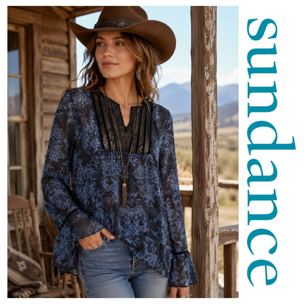 Sundance Black Blue 100% Silk Velvet Trim Semi Sheer Long Sleeve Boho Top 14